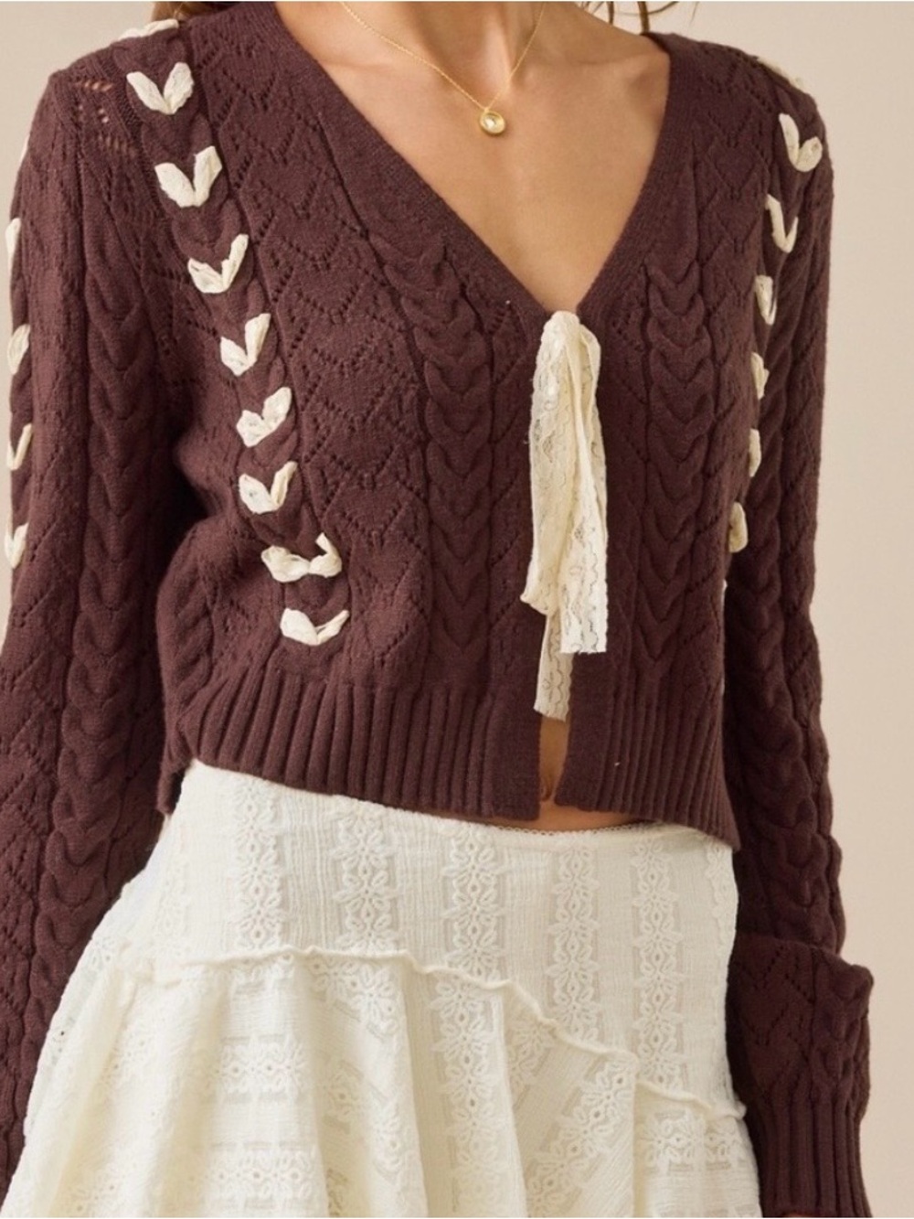 NEW Altar’d State Brown Ribbon Lace Sweater Cardigan Size XXL NWT